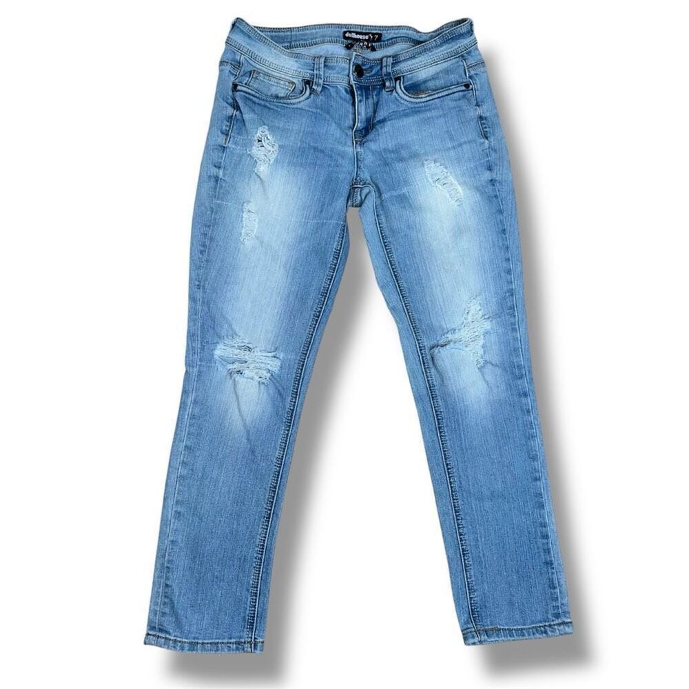Dollhouse Charley Light Wash Distressed Straight Leg Denim Jeans, Junior’s 7